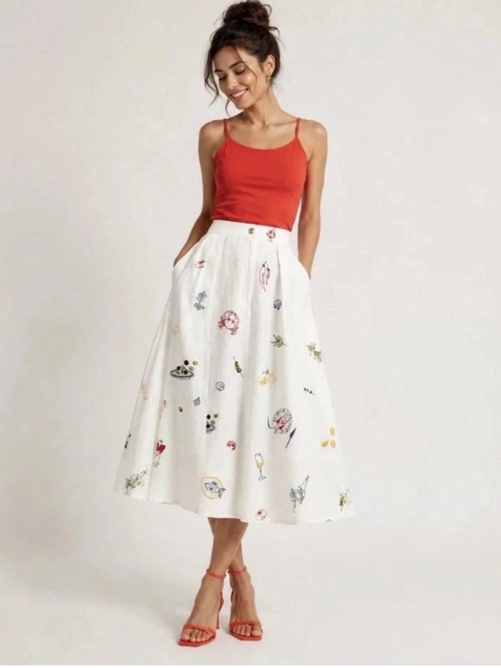 NEW Caroline Constas Off-White Summer Embroidered Linen Maxi Skirt Size 6 🐚 - Picture 2 of 6